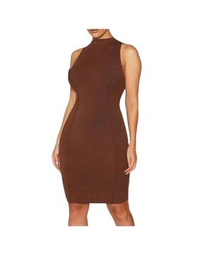 Naked Wardrobe Snatched and Sexy Bodycon Mockneck Dress Chocolate Brown Small